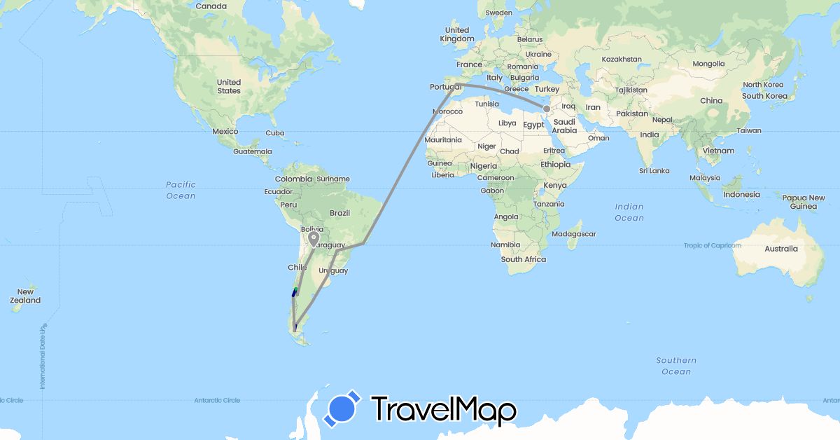 TravelMap itinerary: driving, bus, plane in Argentina, Brazil, Chile, Spain, Israel (Asia, Europe, South America)